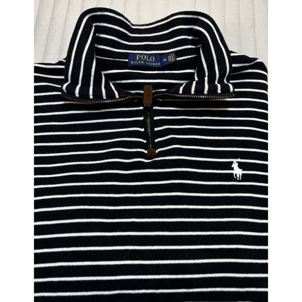 Polo Ralph Lauren Mens Quarter Zip Sweater Black White Striped Cotton Size Large